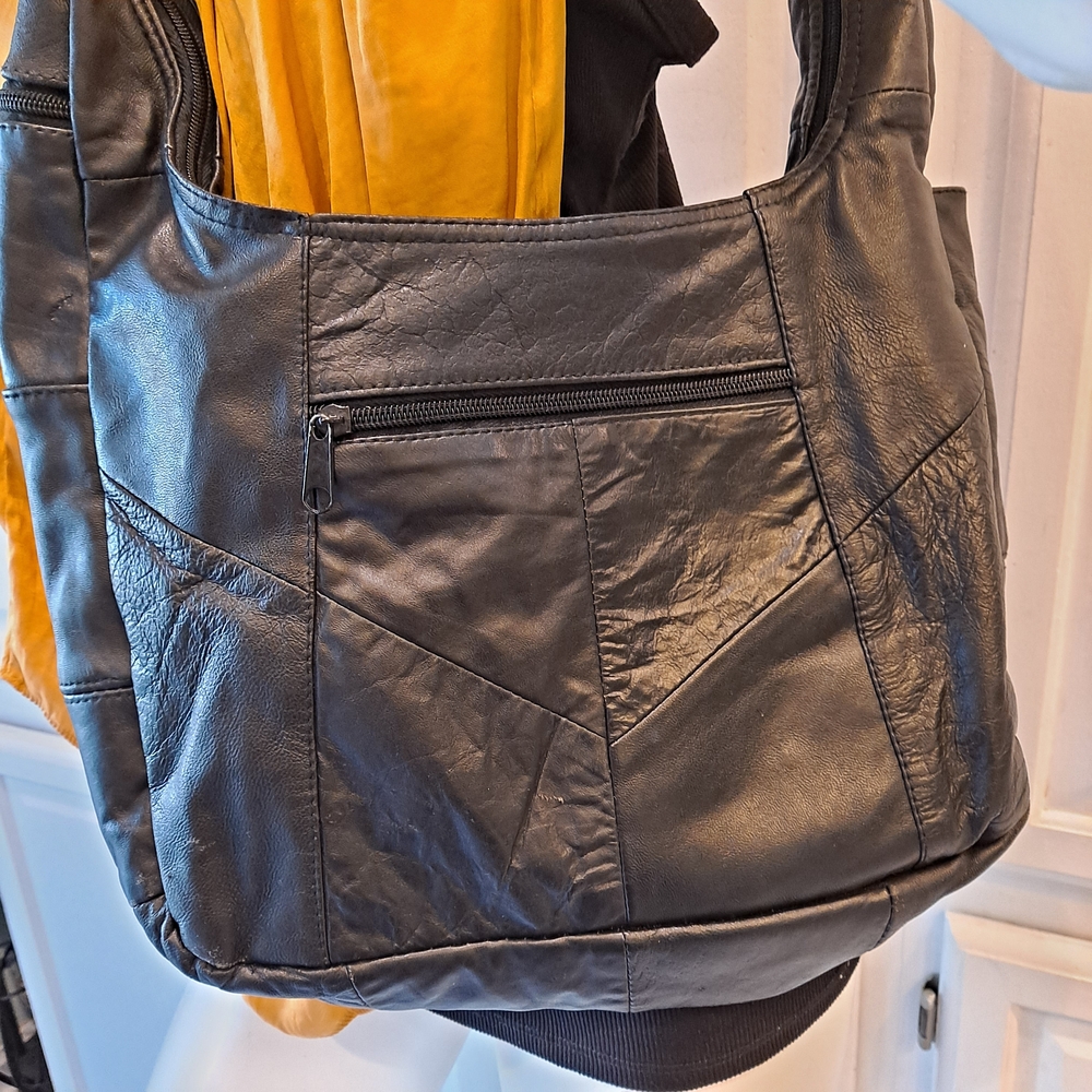 Chic Classic Black Patchwork Leather Hobo Shoulde… - image 1